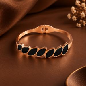 Rose Gold Bracelet with Black Leaf-Shaped Stone