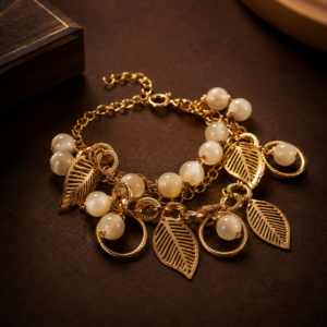 Golden Leaf Charm Bead Bracelet